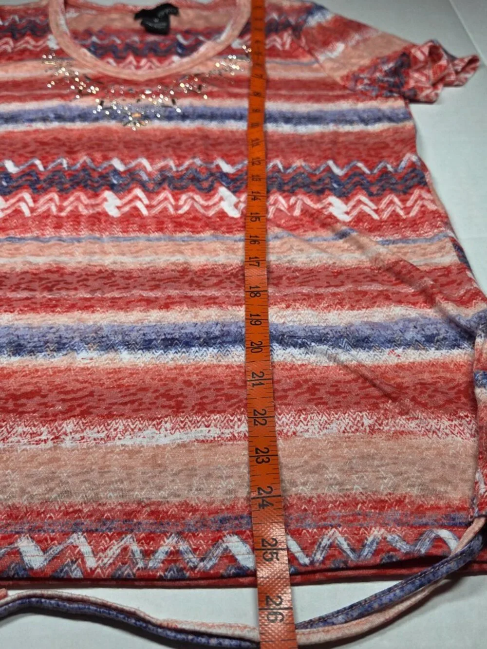 Erika‎ Striped Knit Top Orange Blue White Rhinestone V-Neck Short Sleeve Medium